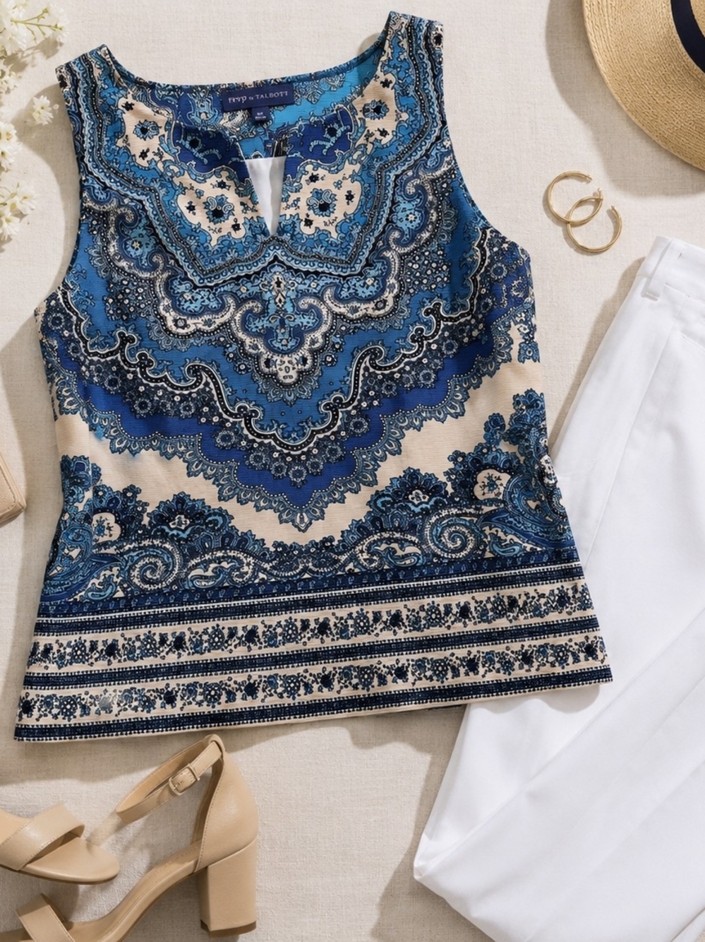 RSVP by Talbots Paisley Sleeveless Top 16P Blue White Event Party Coastal